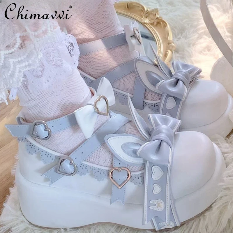 

Lolita Style Girl's Shoes Rabbit Ear Cute Bowknot Platform Shoes Student Sweet Height Increasing Leather Shoes Pumps for Women