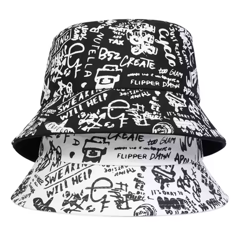 Unisex 88 Black White Graffiti Print Personality Bucket Hats Fishermen Caps Outdoor Casual Cap Sunscreen Hat