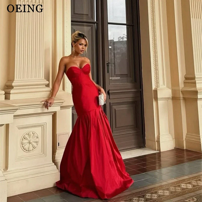 

OEING Simple Red Mermaid Prom Dresses Satin Sweetheart Sleeveless Floor-Length Party Gowns فساتين سهرة Customized