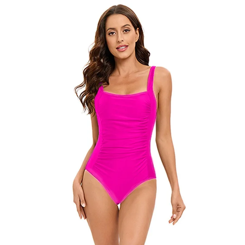 Swimwear Women Swimsuit Tummy Control Square Neck One-Piece Swimsuit Black High Cut Legs Solid Color Navy Blue Bathing Suit view 4