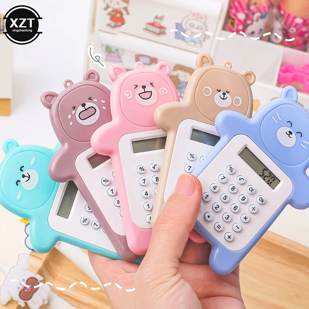 Mini calculadora portátil para criança, tamanho de bolso, botão ultra-fino, calculadora fofa, material escolar, 8 dígitos display, desenhos animados