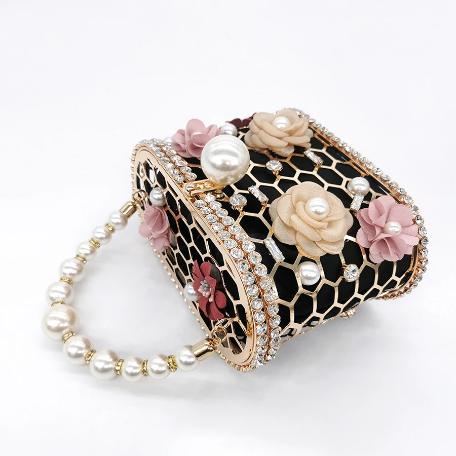 Flower Pearl Women Clutches Evening Bags Rhinestone 2020 Luxury Ladies Diamond Gold Clutch Purse Wedding Party Metal Honeycomb