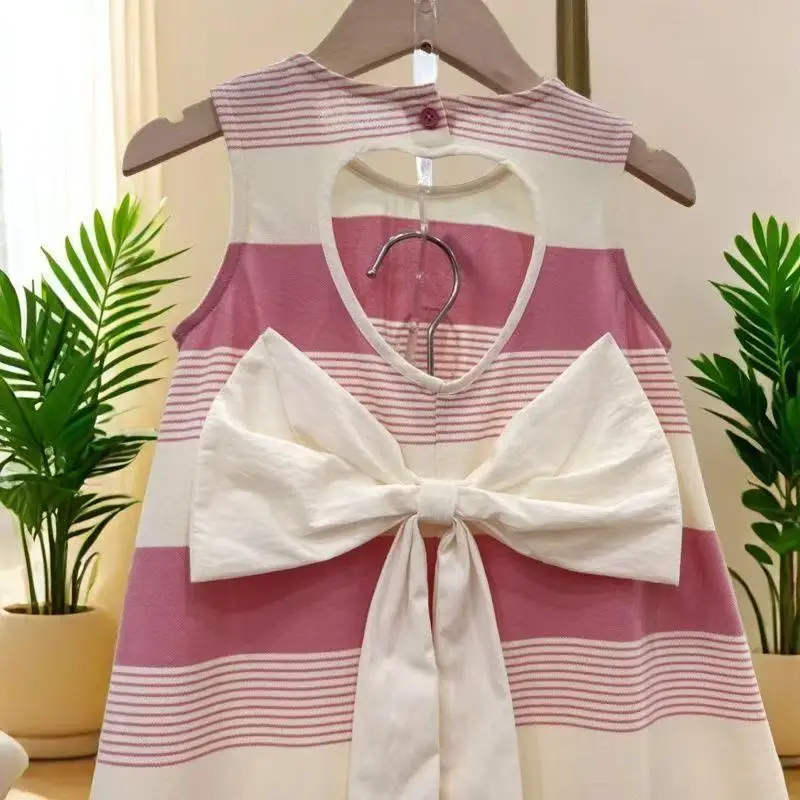 2025 Children's Hollow Bow Striped Campus Style Summer Korean Version Girls A-line Fashionable Dress