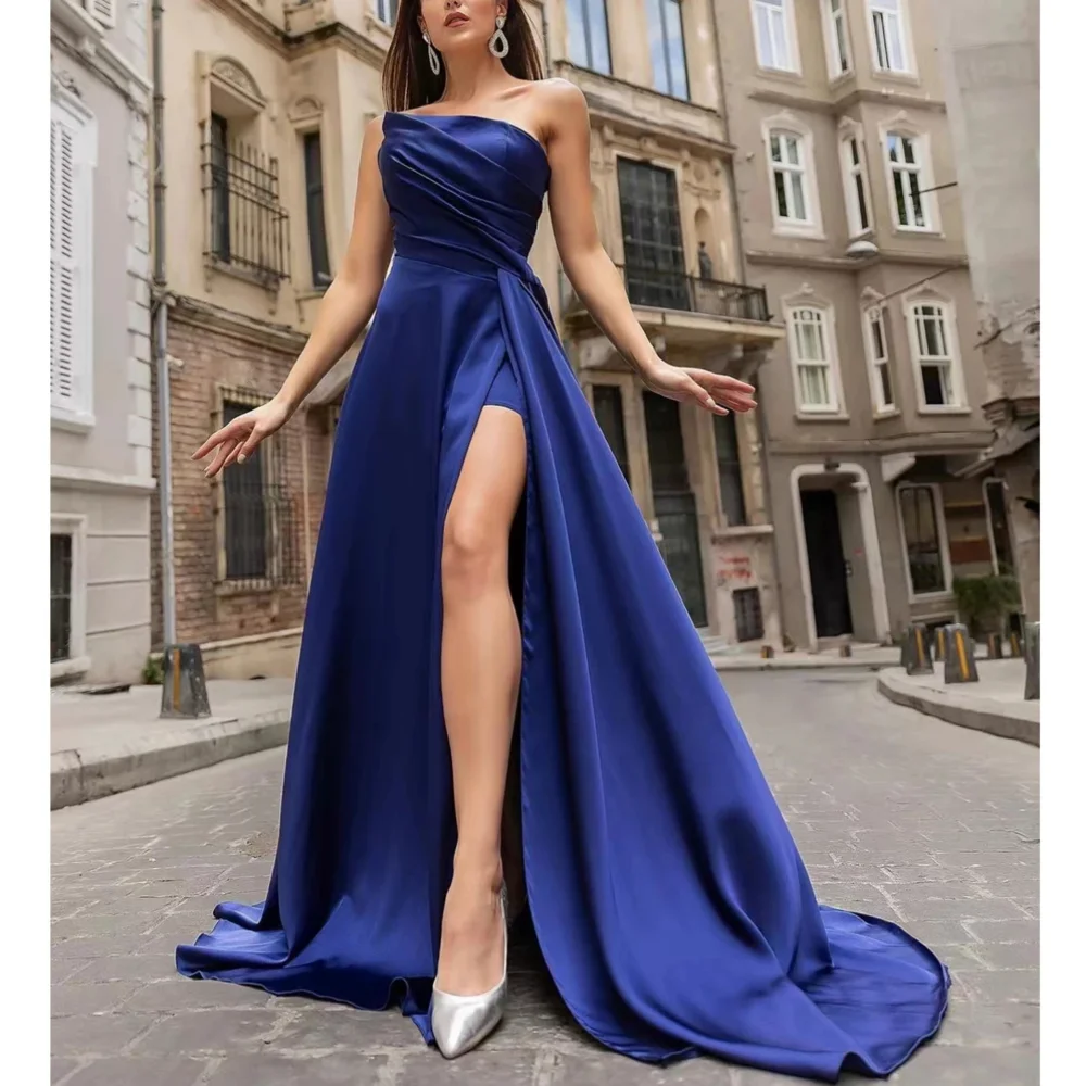 

Vintage Long Blue Strapless Satin Evening Dresses Sleeveless with Slit A Line Sweep Train فساتين سهره سعوديه 2024