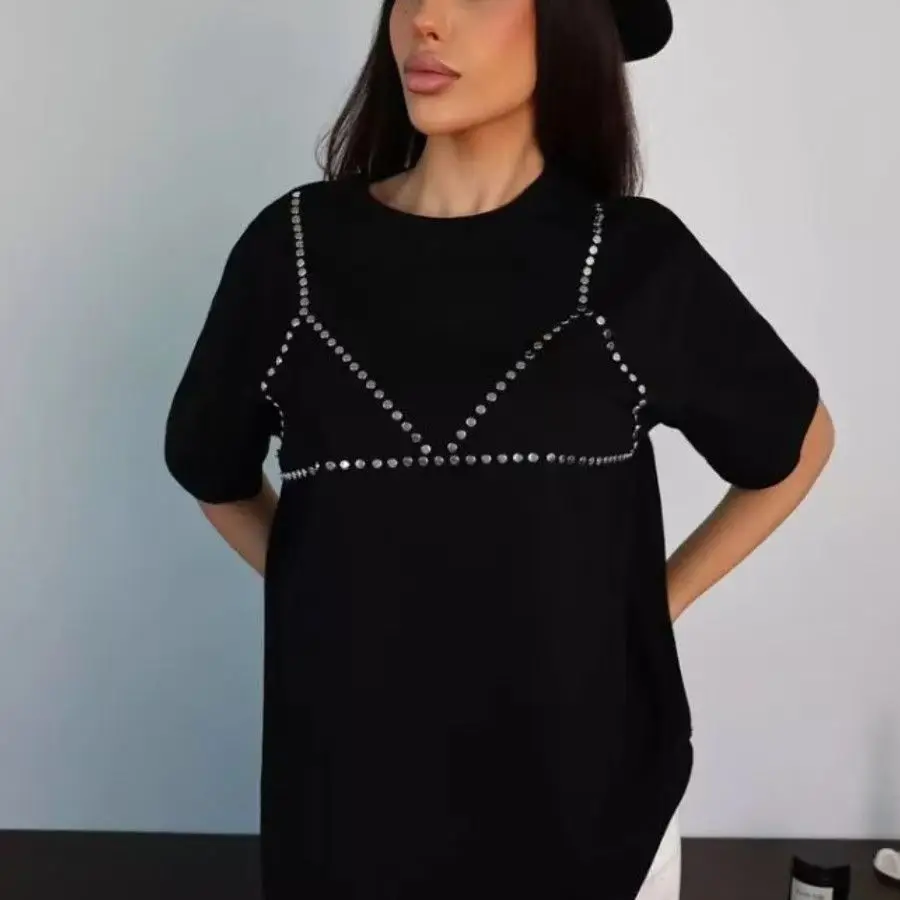 

2025 Summer New Cotton Short-sleeved Tees Hot Diamond Loose Chic T-shirt Black Oversized T Shirt