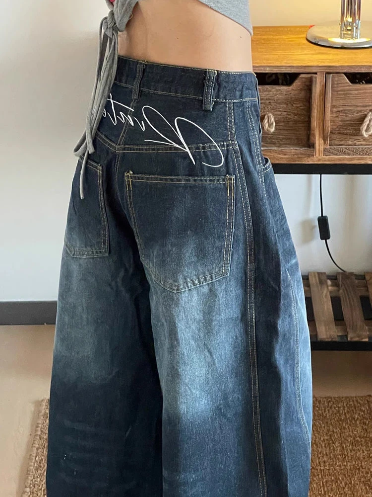 

Женские широкие мешковатые повседневные джинсовые брюки, крутая уличная одежда с высокой талией для девочек, модные брюки, женские прямые свободные джинсы унисекс