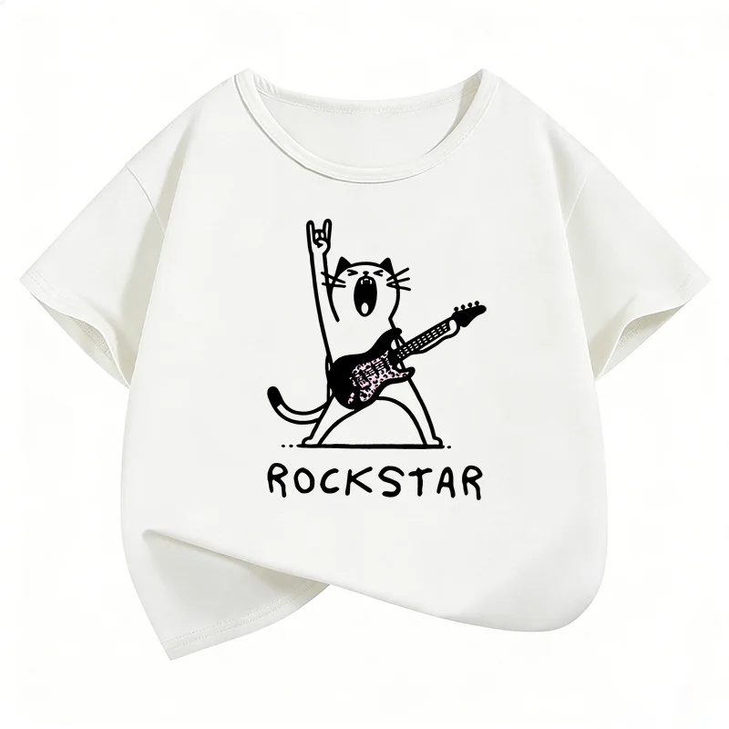 Kurzarm Rockstar mit Musik-Katzen-Motiv T-Shirts Hip-Hop Kinder T-Shirt Jungen Mädchen Sommer Frühling Lässiges Oberteil Tee Shirt