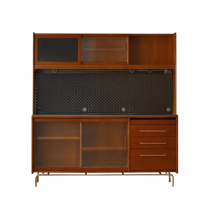 

Nordic retro solid wood dining side high cabinet against the wall living room integrated tea kitchen wine cabinet rock slab