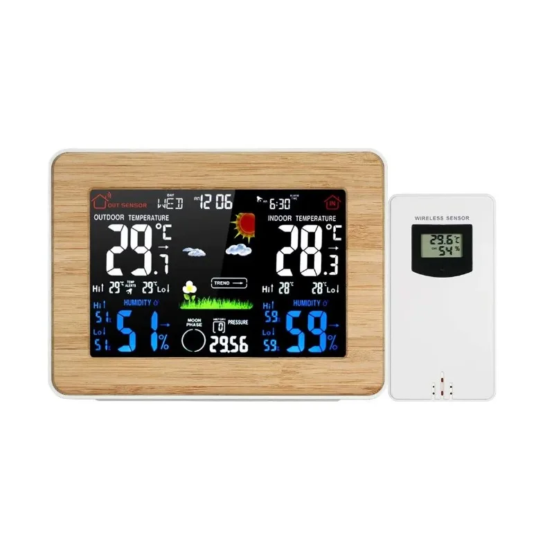 Bamboo Finish Color Screen Weather Station with Air Pressure, Indoor and Outdoor Temperature Humidity, RF Wireless Alarm Clock