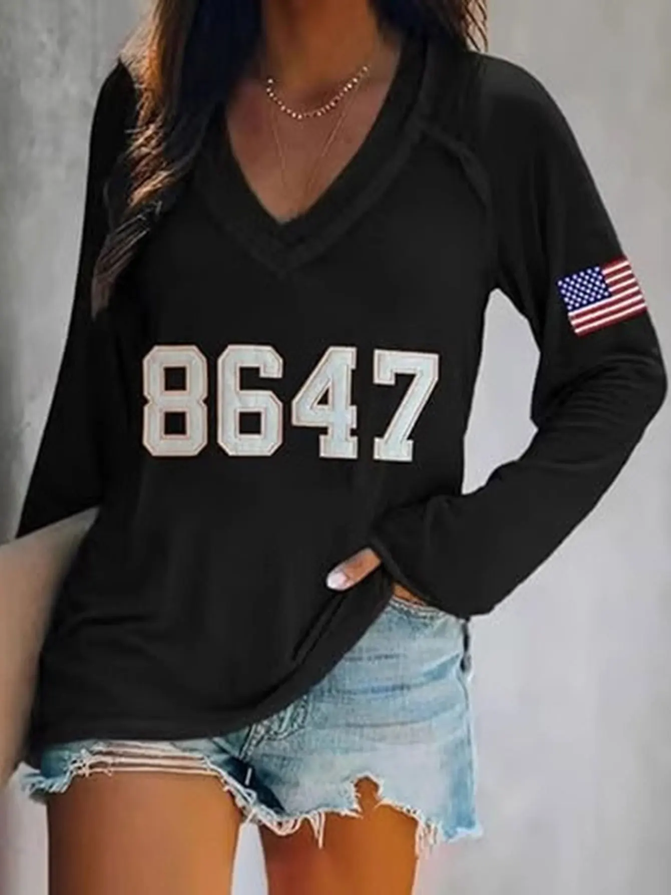 

Женские футболки осень-зима 2025, повседневные базовые футболки K-Fashion с цифровым принтом и длинными рукавами, v-образным вырезом, футболки обычного кроя