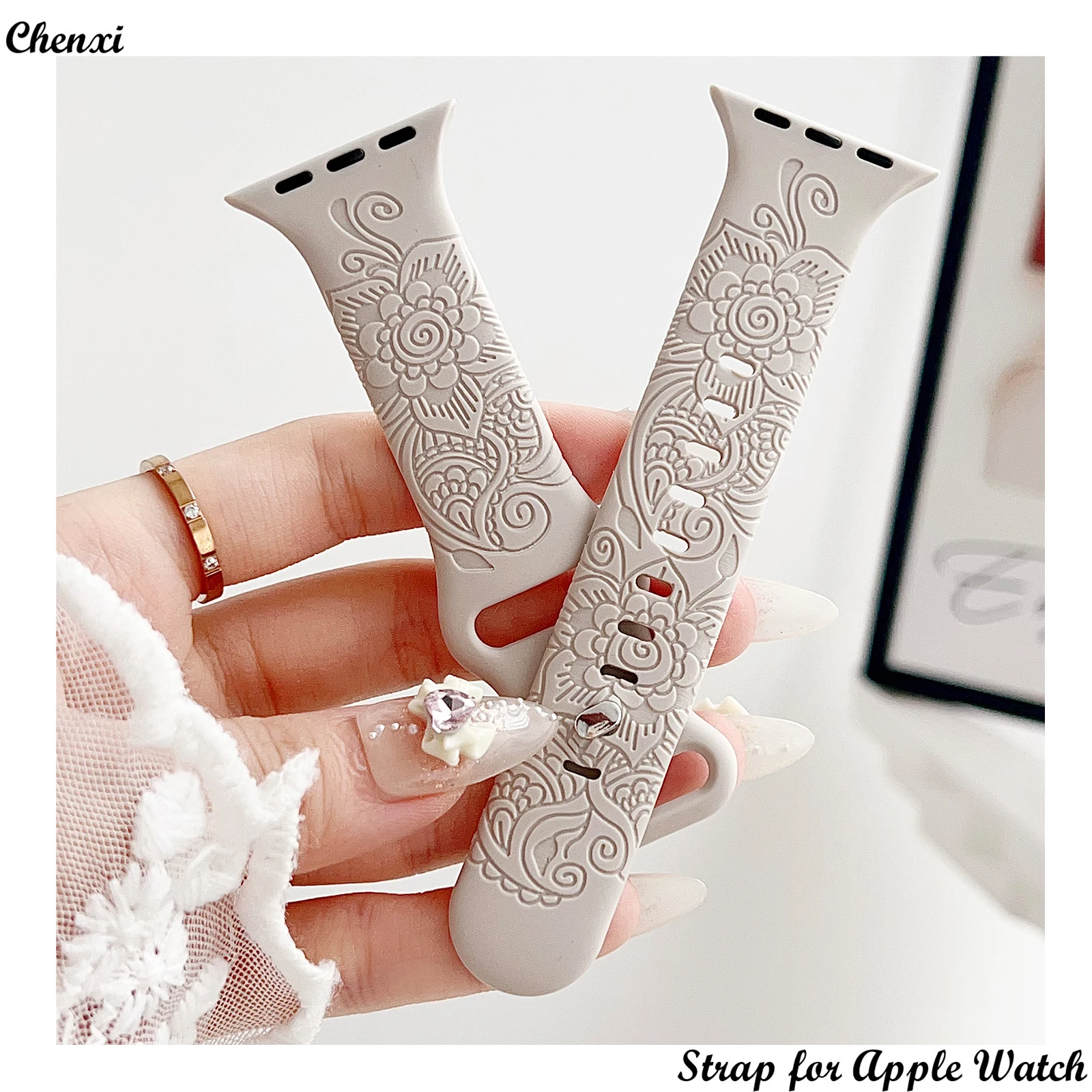 

Silicone Strap for Apple Watch Band Engrave Henna Flower Chain Iwatch98765SE Ultra Girl Bohemia Series 40 41 44 45MM Women Wrist