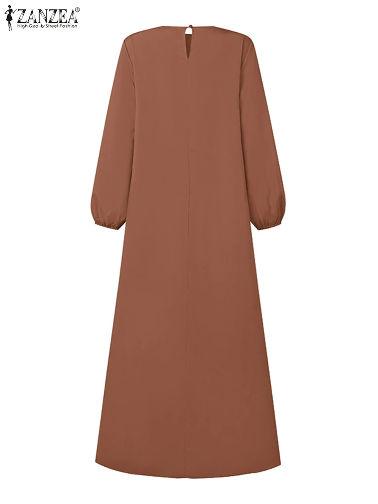 ZANZEA Autumn Robe Femme Casual Loose Dubai Abaya Vestido Vintage Long Sleeve Pleated Sundress Women Fashion Solid Muslim Dress