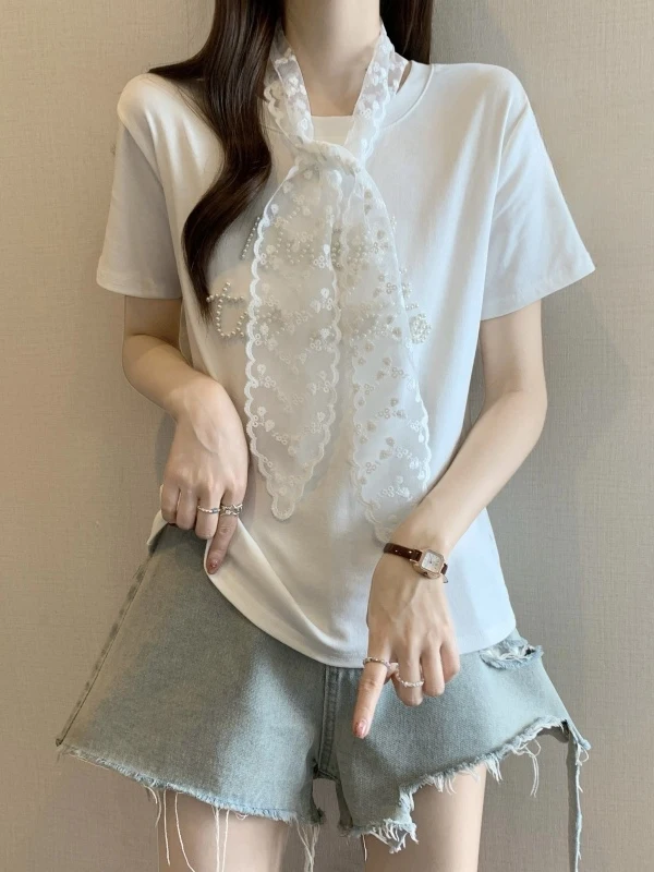 Lace Shoulder Wrap Short Sleeve T-Shirt Women Summer Large Size Heavy Embellishment Luxury Light Shirt Korean Style Loose Fit