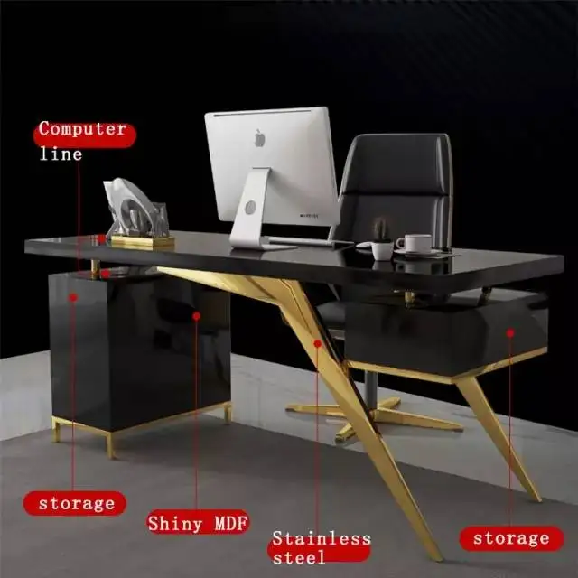 Luxe moderne Home Black Ceo bureau set computerbureaus studeertafel met goud roestvrijstalen frame voor kantoormeubilair