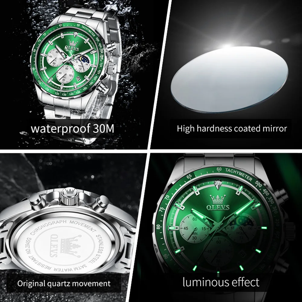 OLEVS Green Mens Watches Chronograph Luxury Dress Moon Phase Quartz Stainless Steel Waterproof Luminous Business Wrist watch