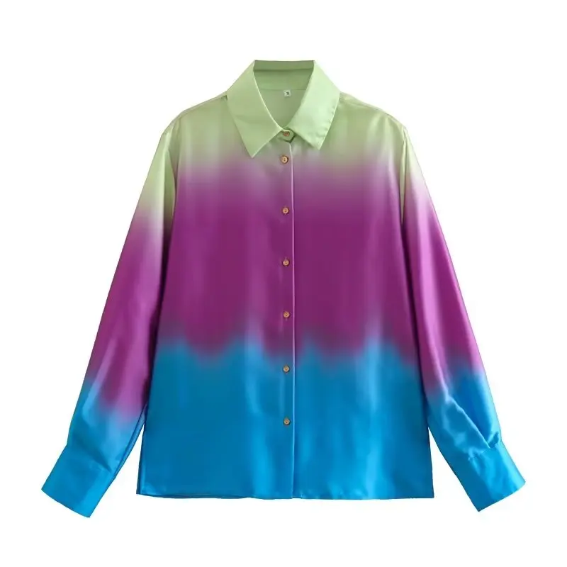 Faionable Tie Dye Print Lange Sve Kraag irt Lente Nieuwe Collectie Dameskleding Woon-werk Sle Pure Kleur Knop D...