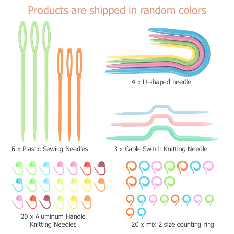 DIY Knitting Crochet Supplies Kit, U & Bow Shape Twist Needles, Large Eye Plastic Sewing Needles, Stitch Marker Counting Rings