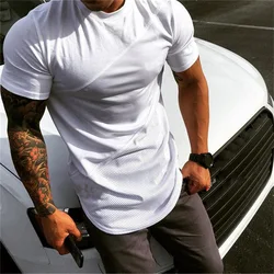 Cotton Patchwork Mesh Breathable Sport Shirt Mens Running Short Sleeve Training T-shirt Gym Fitness Bodybuilding Muscle Clothing