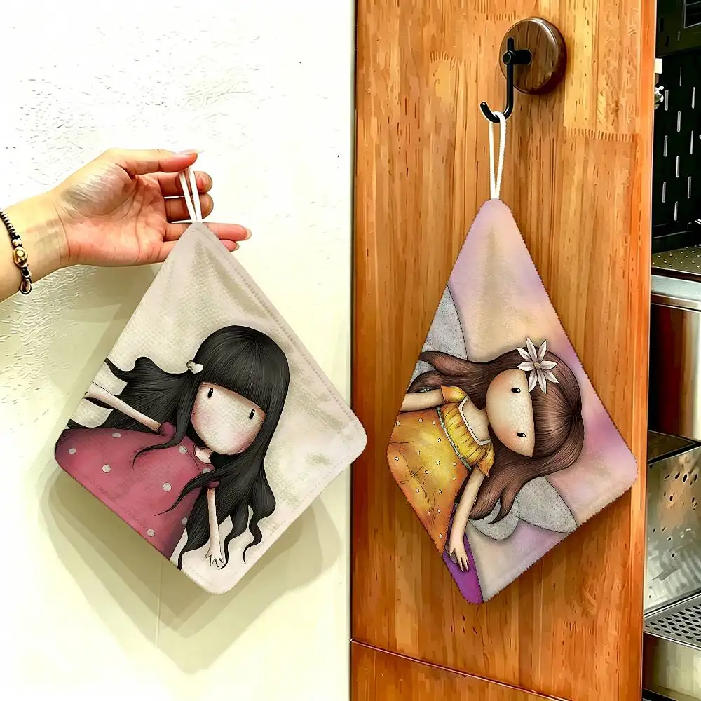 Cute G-Gorjusses Cartoon S-Santoro Polyester Cotton Hanging Kitchen Towel, Skin Friendly Hand Wiping Towel for Cafe Household