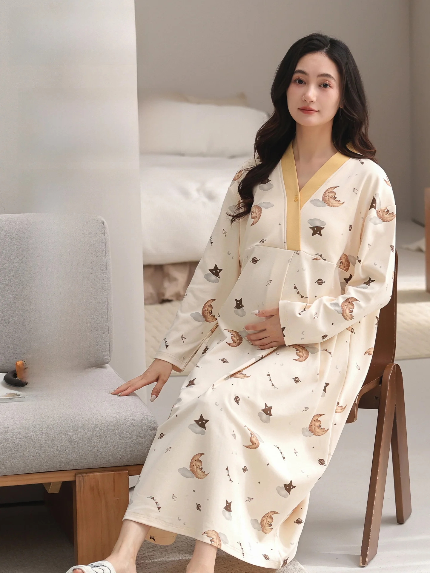 pure-cotton-maternity-nightgown-breastfeeding-sleepwear-with-chest-pad-home-clothes-breathable-summer-long-sleeve-v-neck-dress
