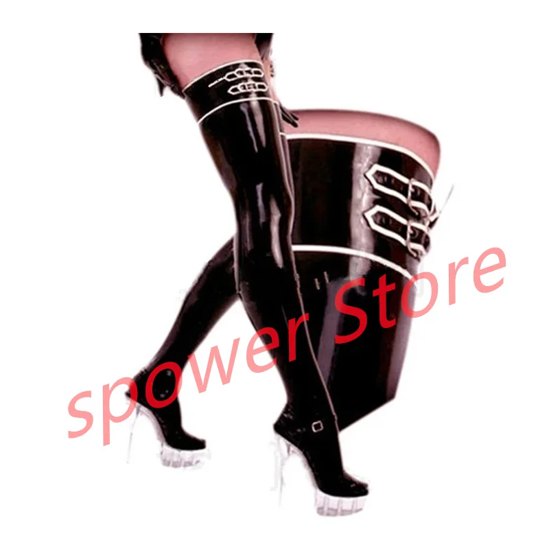

Latex Stockings Sexy Black with White Trims Tights Sexy Fetish Long Socks for Women Cosplay Costumes