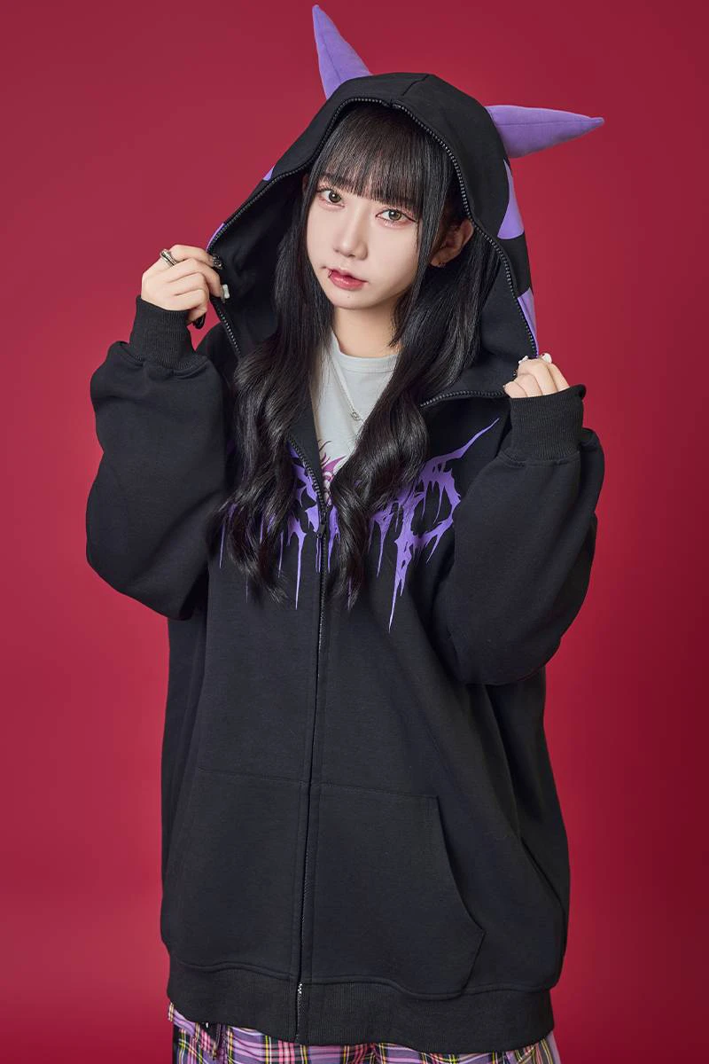 Street Style Oversized Hoodie Sweatshirt Black Large Size Shoulder Drop Hooded Sweatshirt Loose Fit Long Sleeve Zipper Closure