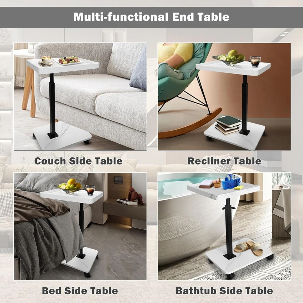 Adjustable Rolling Cart Overbed Bedside Table Laptop Desk Couch Side 360° Rotatable Sofa Tray Table Computer Desk Home Food Tray
