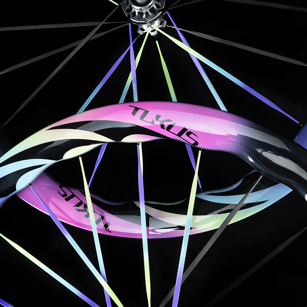 TUKUS 50mm Depth Large Wave Aero Carbon wheelset with 6mm width rainbow spoke high performance Racing wheel Road Bike wheel