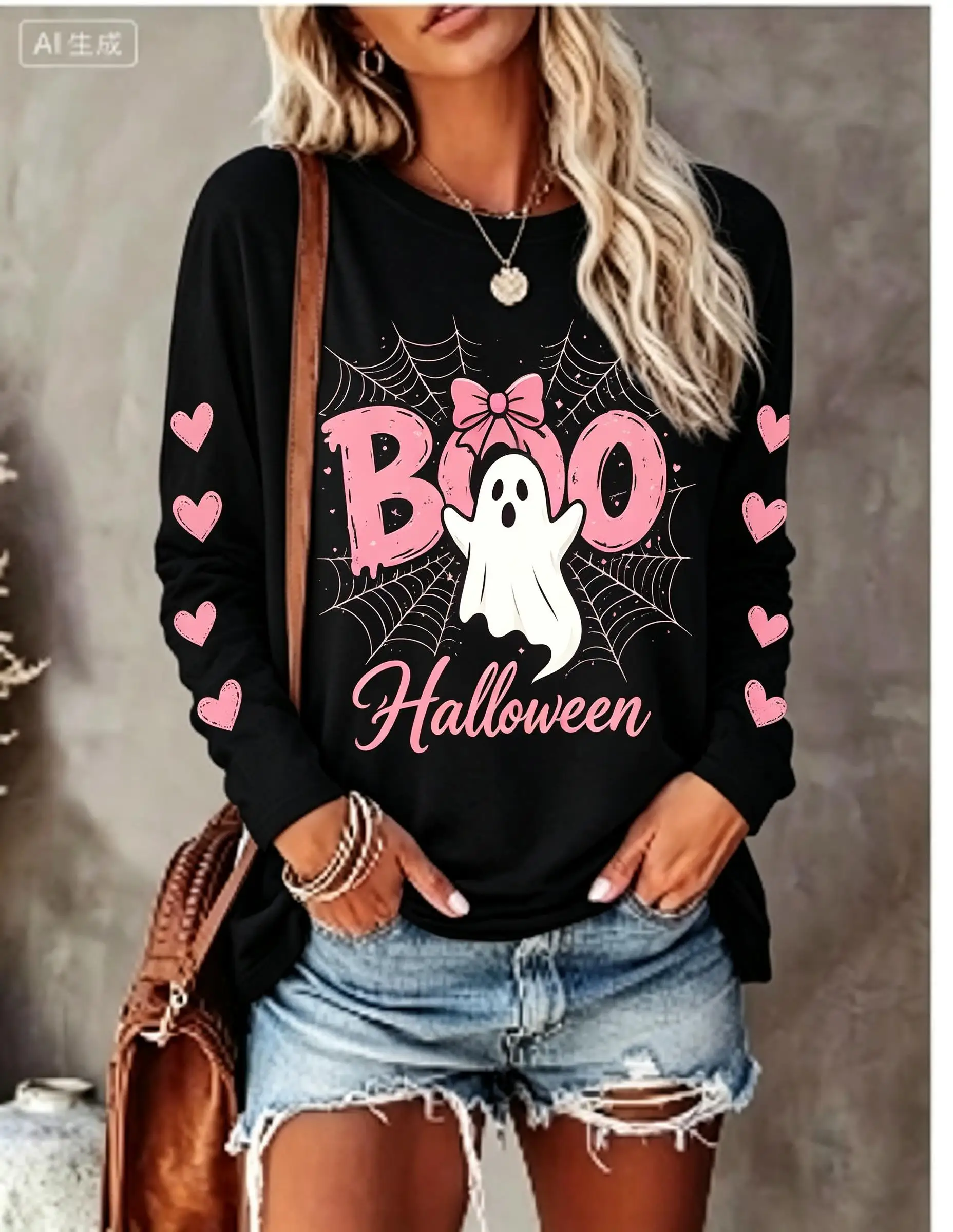 Women Halloween Long Sleeve T‑Shirt Boo Cute Ghost Heart Distressed Print Crew Neck Tops