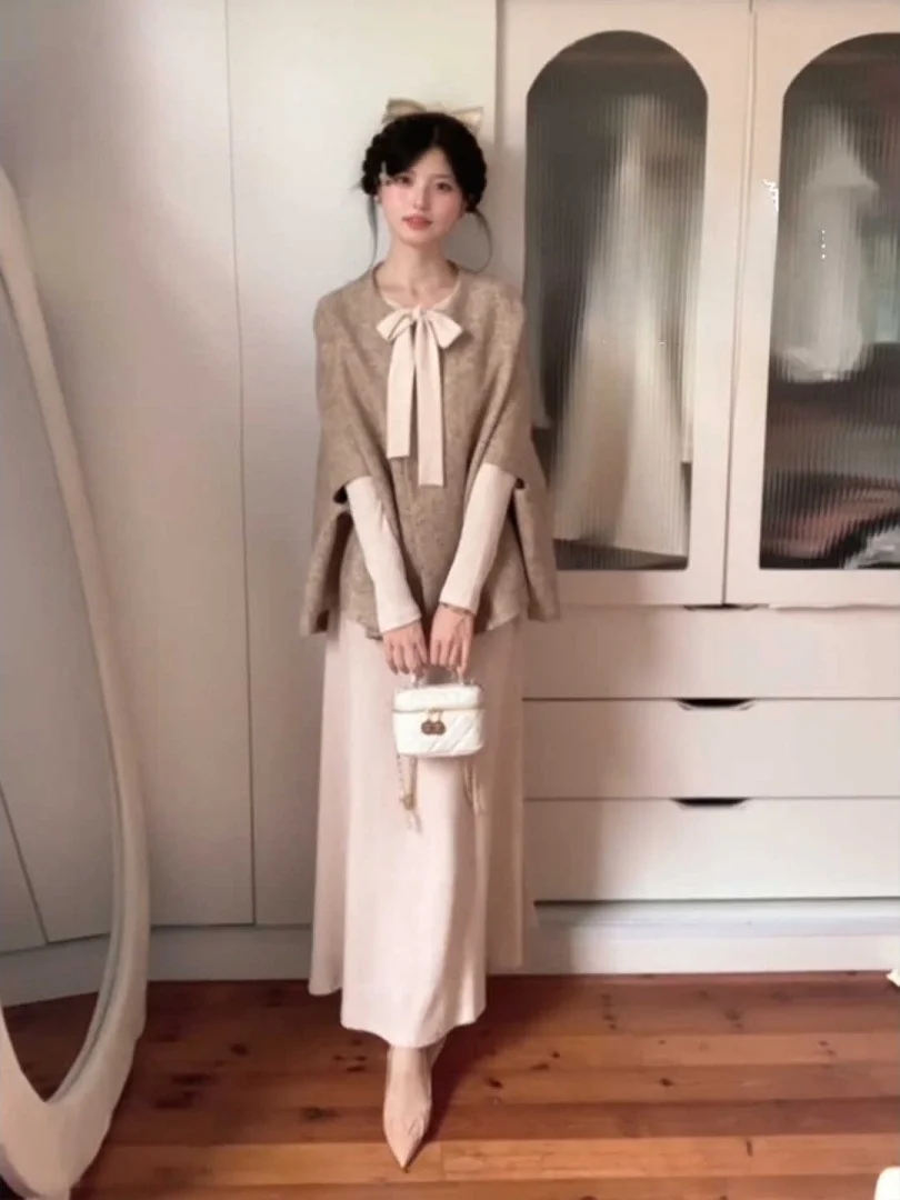 

Large Size Knot Cloak Outerwear Slimming Waistcoat Dress Two-Piece Set for plus Size Women Spring Fashion