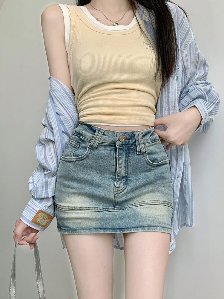 

Slergiri Sexy Bodycon Denim Mini Skirts Women Y2k Streetwear Vintage High Waist Stretch Jeans Skirts Female Without Belt