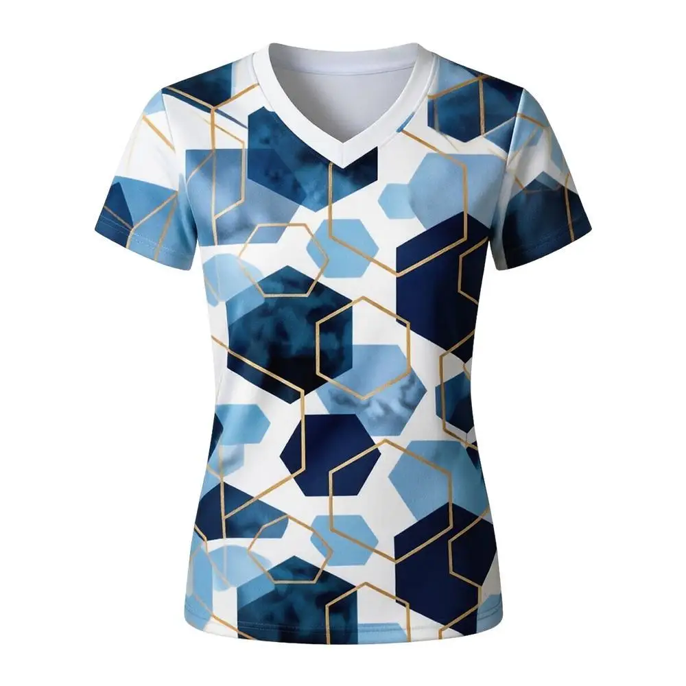 Summer Women V‑Neck T-shirt Abstract Block Color Line Drawing Print Short Sleeve Ladies Casual Streetwear Daily Slim Fit Tops