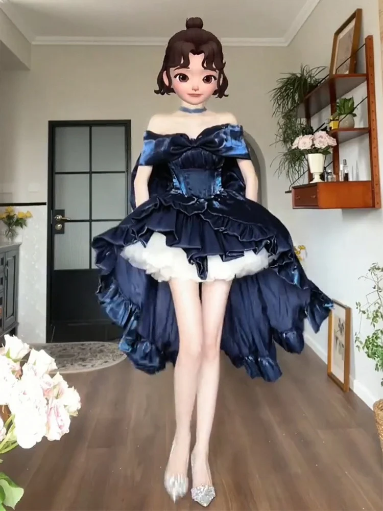 Lolita Princess Blue Pettiskirt Dress Sleeveless High Waist Slim Fit Back Big Bow Long Trailing Strapless Short Dress Women 2024