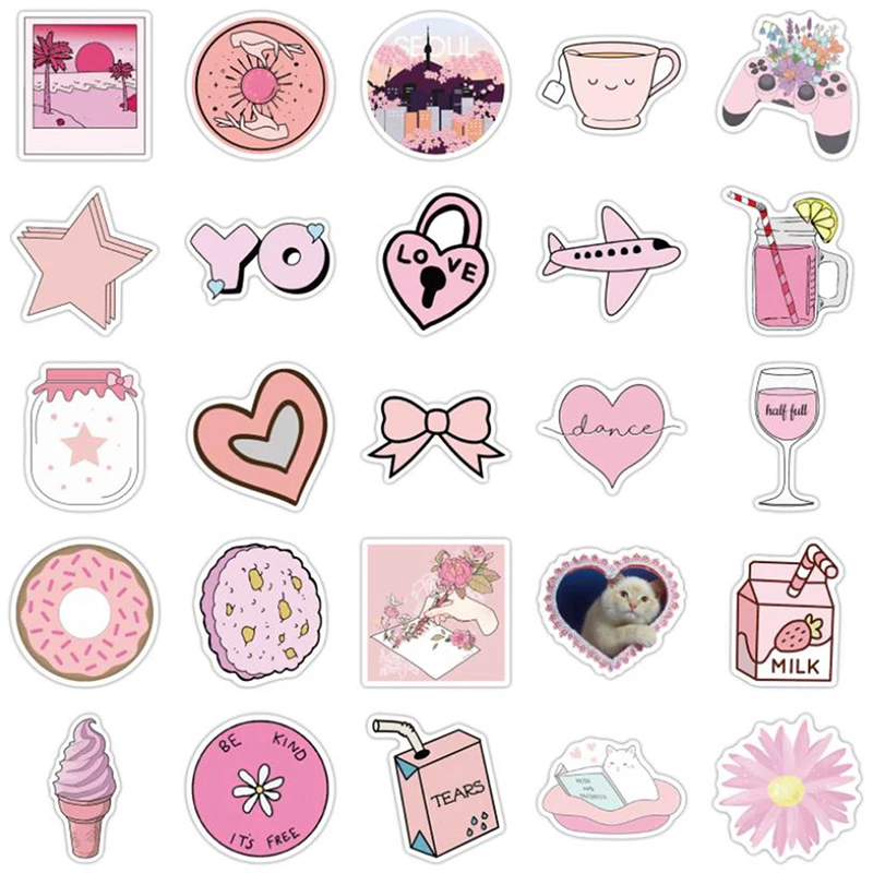 50Pcs Cartoon Pink Style Girl Stickers Guitar Skateboard Laptop Graffiti Sticker