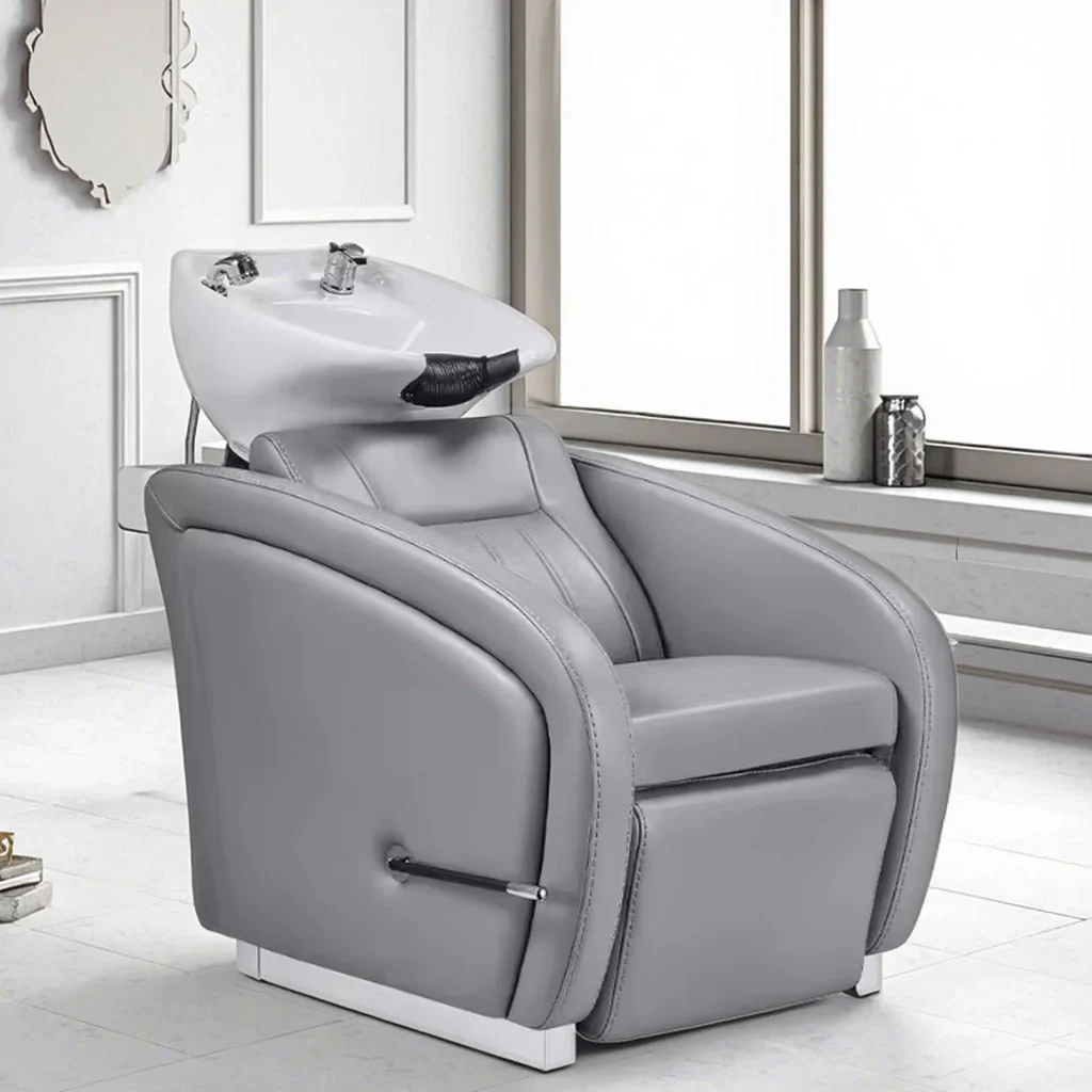 Modern Semi Reclining Stainless Steel Adjustable Hair Wash Chair With High Density Sponge Wooden Base Ceramic Basin Black