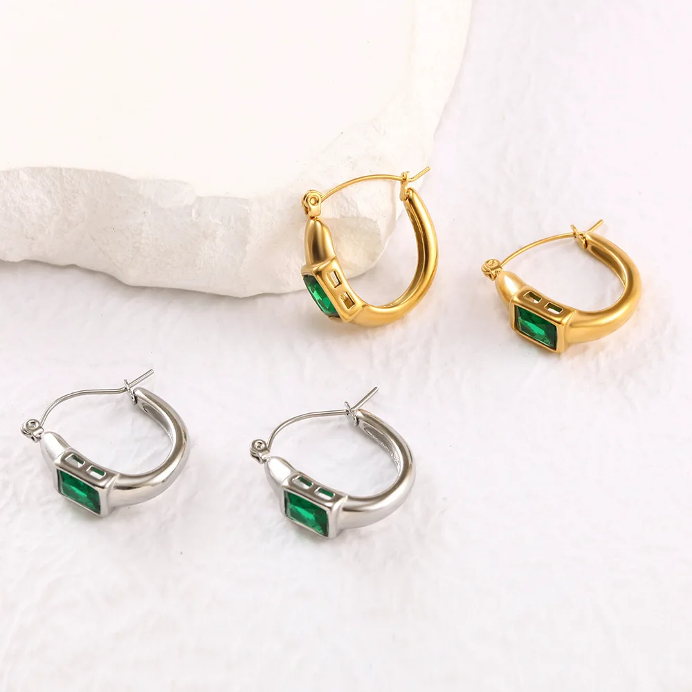 Edelstahl Grüne Smaragd Creolen 23mm, Rechteckige Kristall Huggie Ohrhänger für Damen, Luxus Modeschmuck