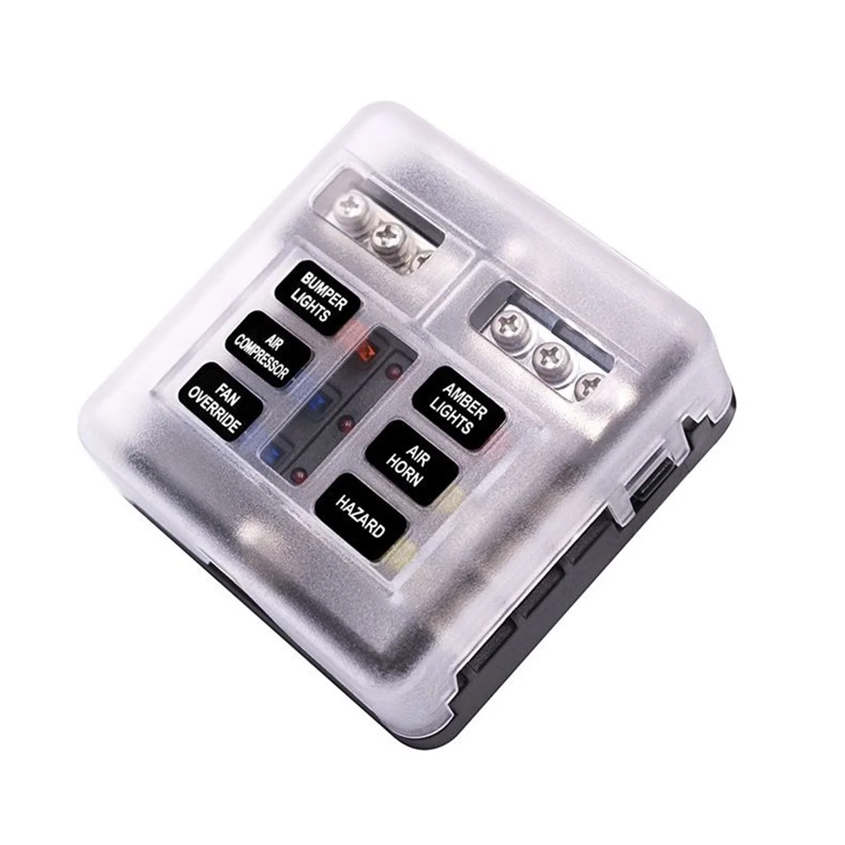 MARINE 6 WAY FUSE BLOCK, 1 IN 6 OUT SCREW TERMINAL FUSE BOX WITH POSITIVE & NEGATIVE TERMINALS AND LED INDICATOR FOR BOAT YACHT