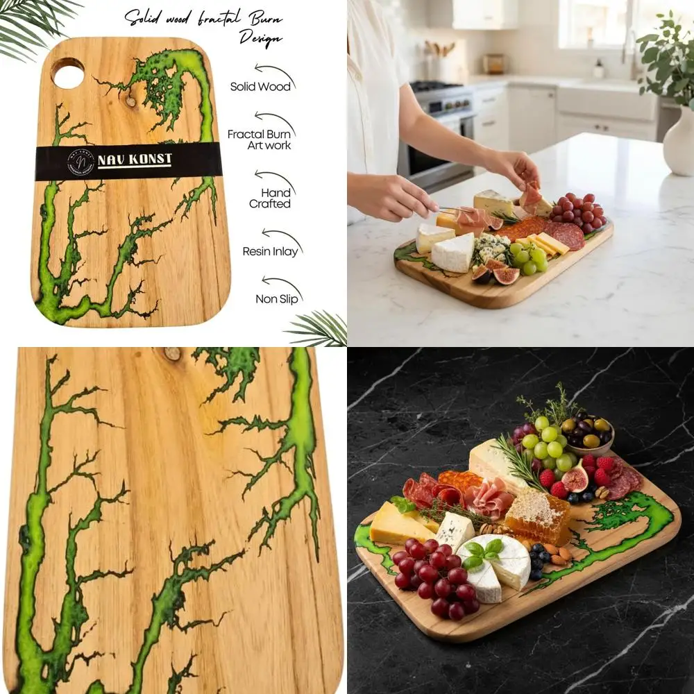 

10.5 x 16 Acacia Wood Charcuterie Board with Green Fractal Lightning Pattern - Kitchen Serving Tray & Gift
