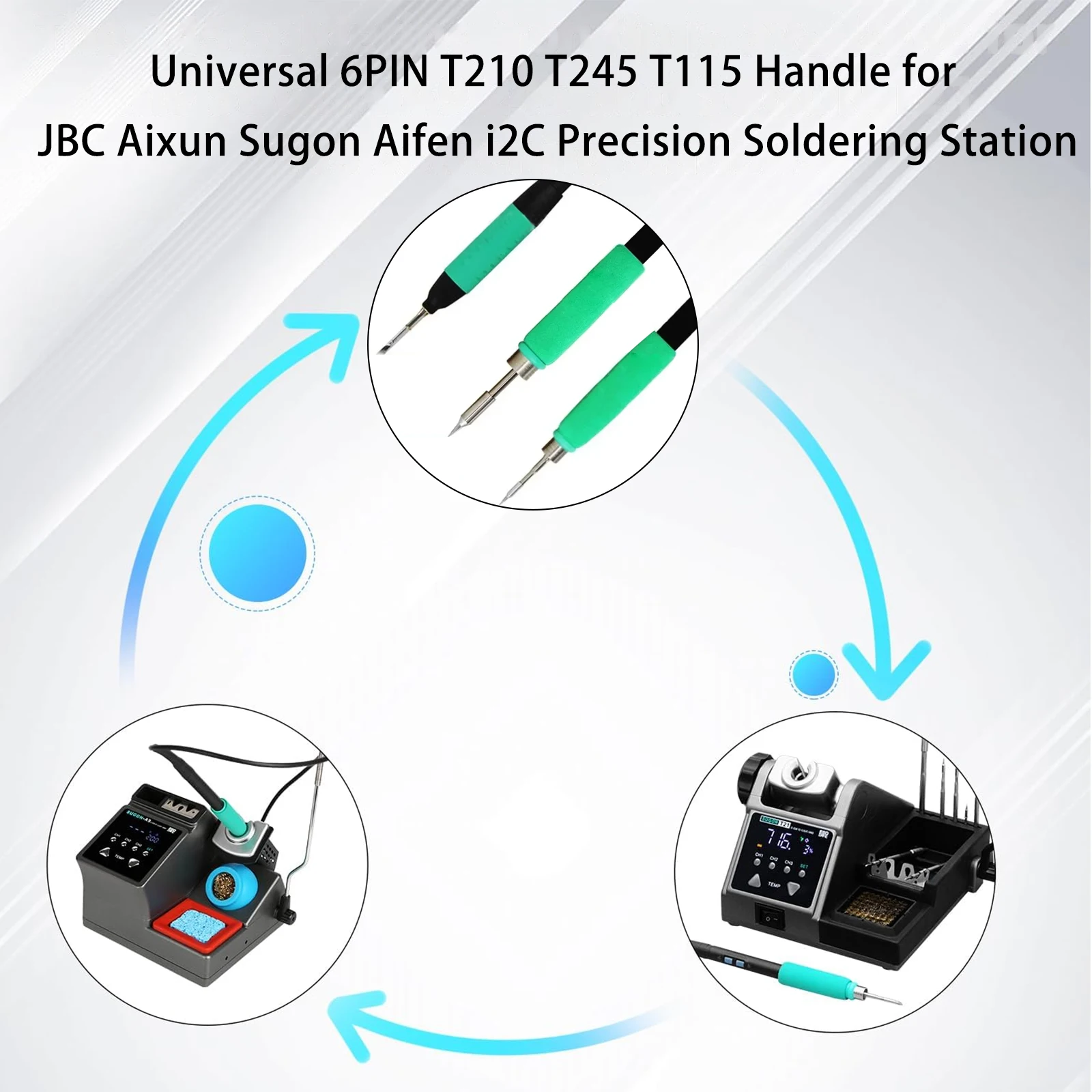 6PIN OEM Soldering Handle Replacement for JBC T210 T245 T115, Universal 6-Hole Iron Grip for Aixun Sugon Aifen SMD Repair Tools