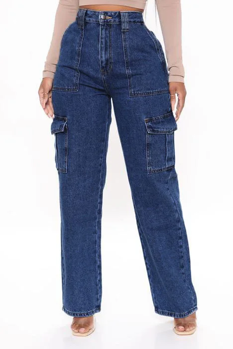 Stretch High-waisted Wide-leg Jeans. Four Seasons New Fashionable Multi-pocket Design Casual Loose Workwear Jeans for Ladies