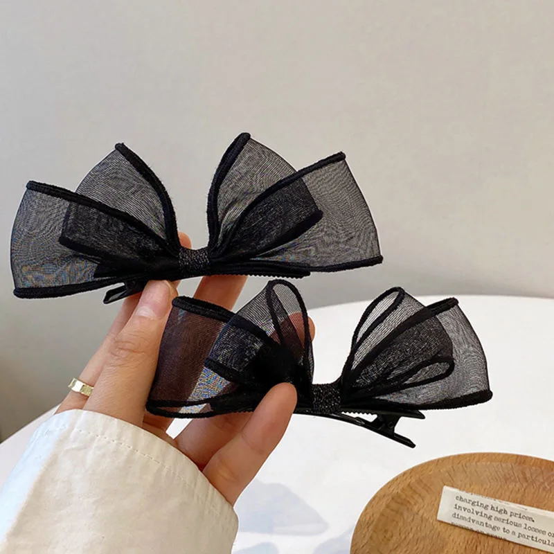 2PCS High-end, Duckbill Clip, Side Clip, Headdress, ins, Black Mesh, Bow, Hair Clip, Female image 2