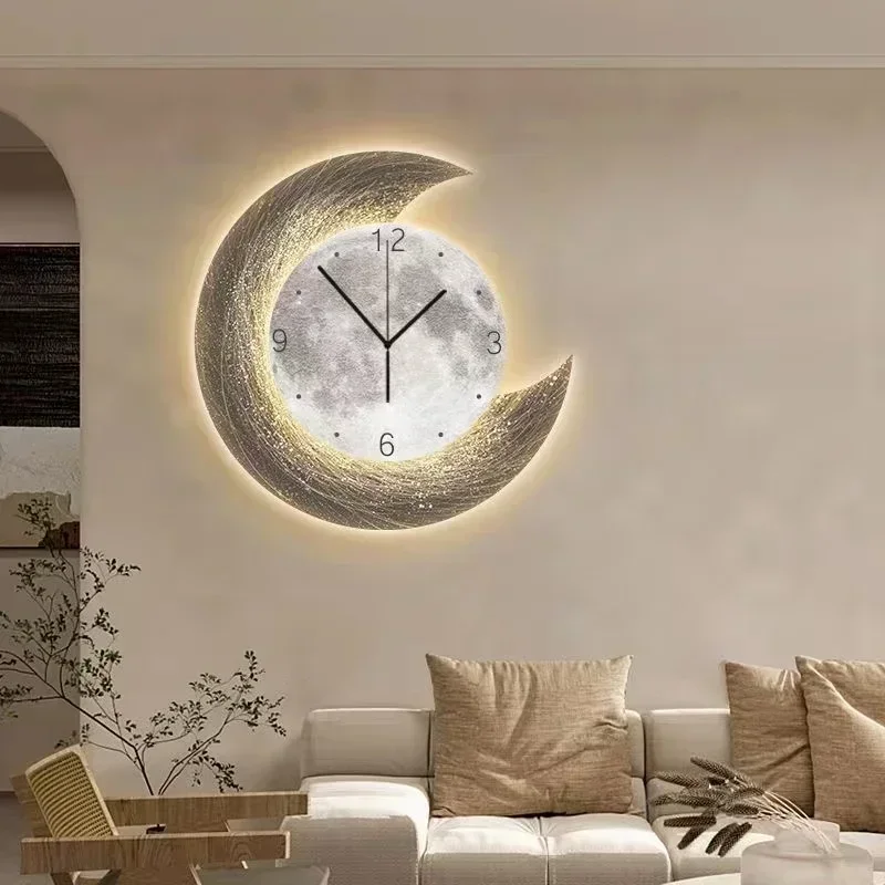 Moon living room wall clock creative clock hanging wall restaurant wall decoration high-level sense of luminous clocks