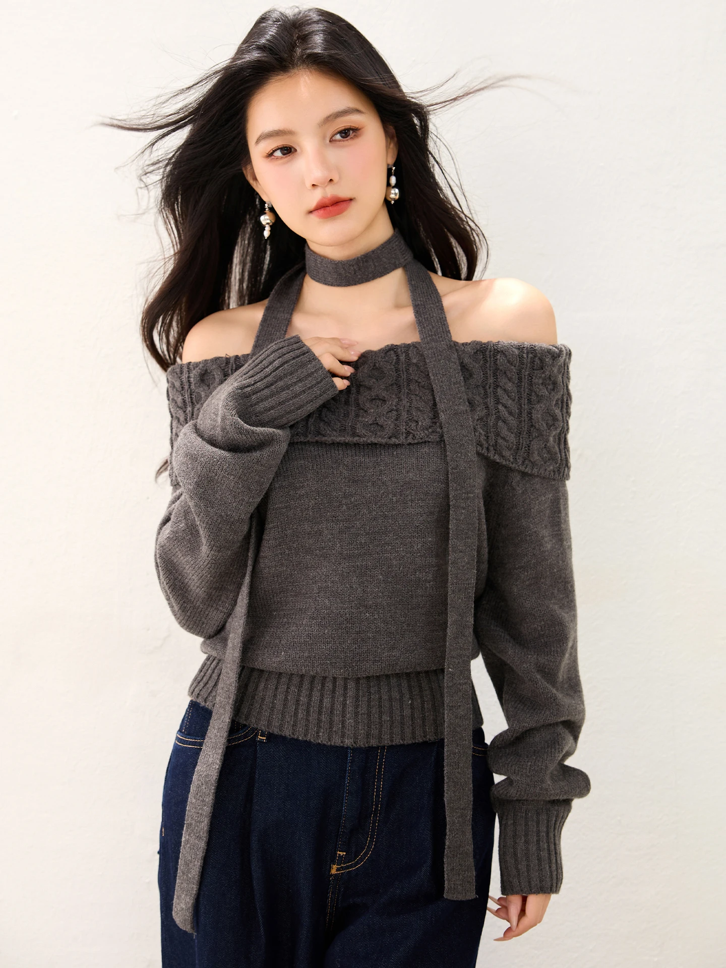

Women Fashion Solid Off Shoulder Sweater Long Sleeve Knitted Pullover Sweater Autumn Female Casual Knitwear Chic Top