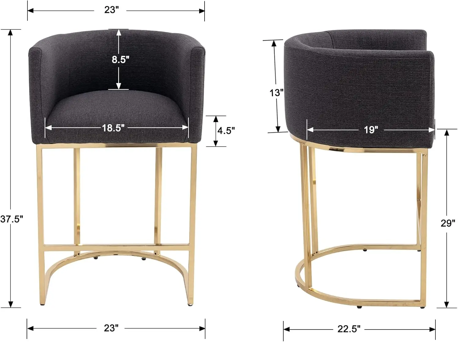 Carvão Vegetal Bar Banquetas, tecido estofado, Barstools Altura Contra, Cozinha Ilha Contador, Conjunto de 2, 29"