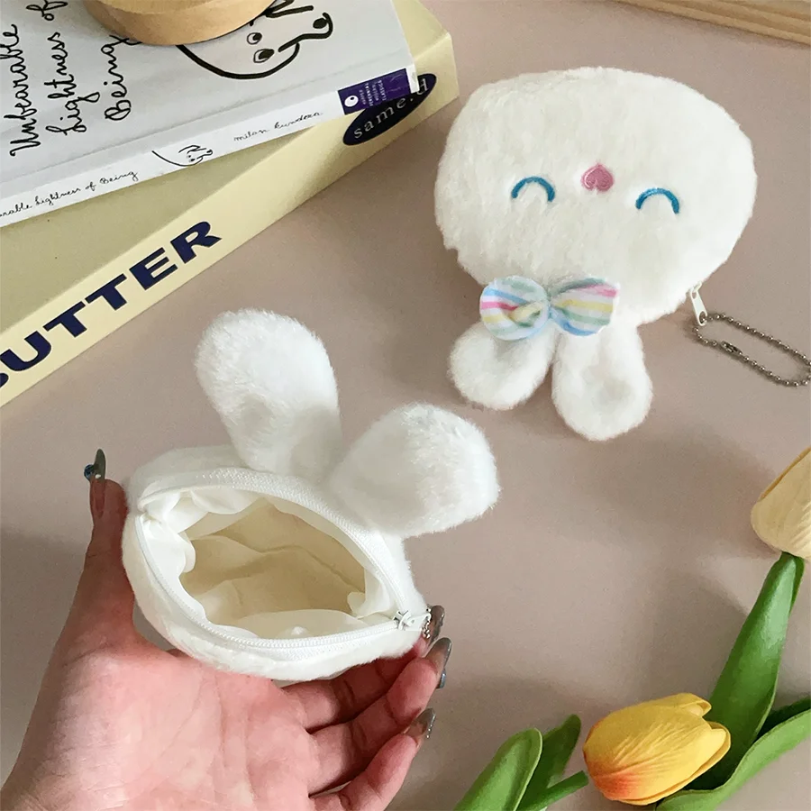 Simpatico fiocco bianco coniglietto portamonete in peluche borsa per auricolari borsa portatile per cavo dati versatile piccolo regalo pendente