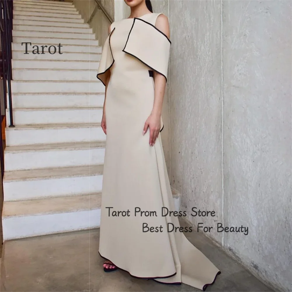 Tarot A Line Saudi New Prom Dresses Boat Neck Sleeveless Simple Women Wear Dress Sweeping Train Floor Length فساتين حفلة موسيقية