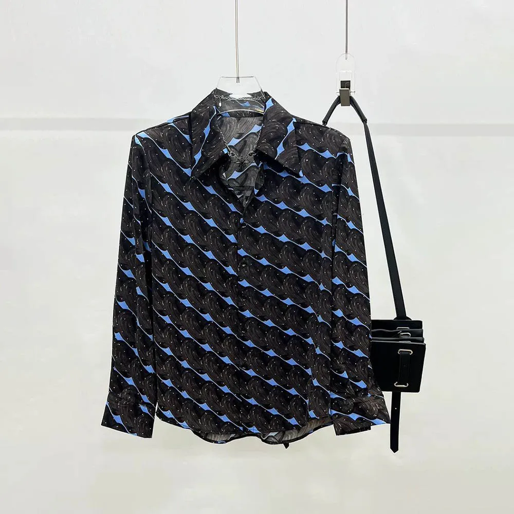 

Men Summer Shirt Wave Hot Diamond Thin Shirt Streetwear Nightclub Stage Performance Fashion Casual Long-Sleeve Top Mens Clothing