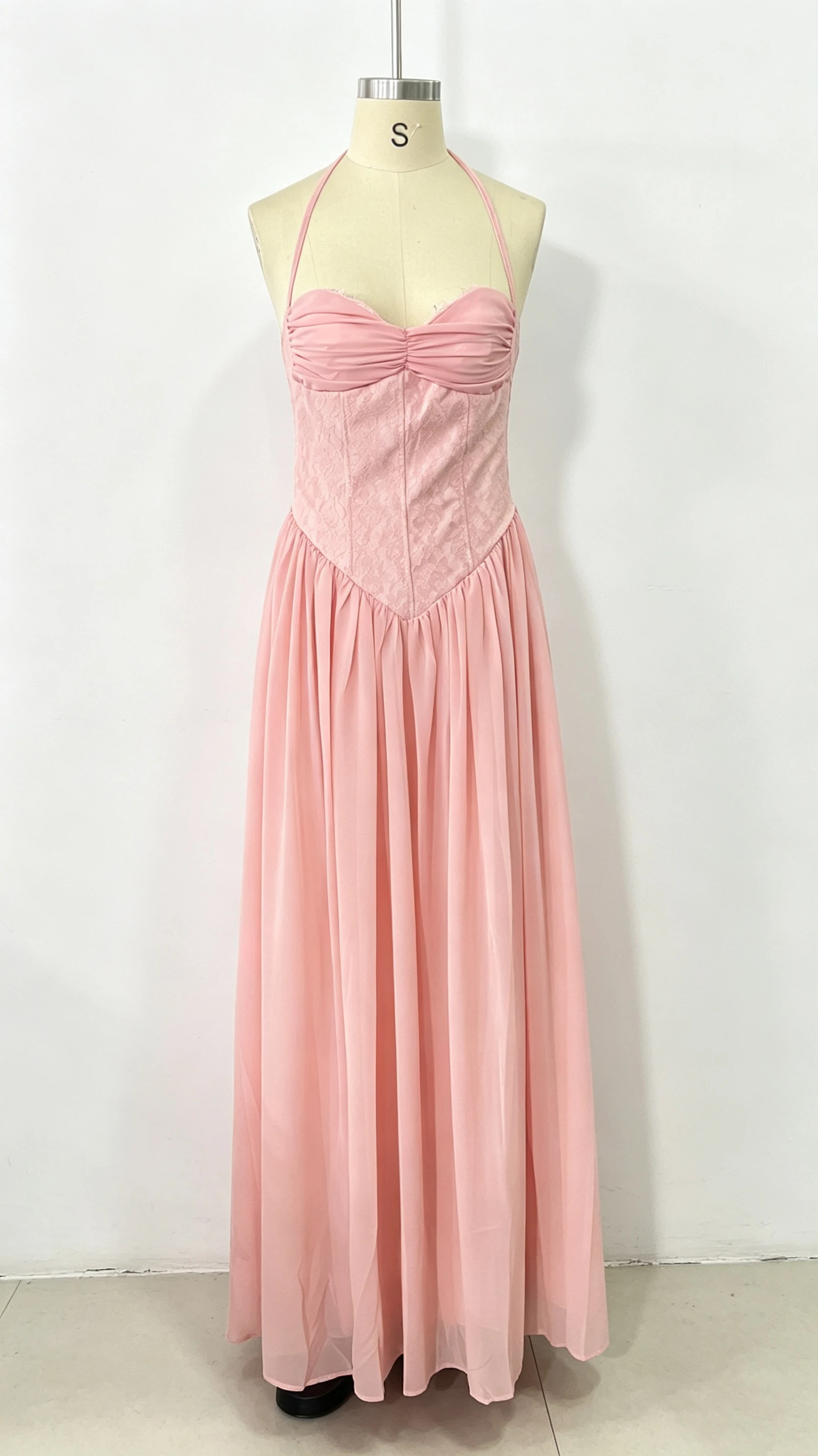 Elegant Lace Patchwork Corset Long Dress Women Halter Backless Bandage Slim Maxi Dress 2026 New Wedding Guest Evening Party Gown