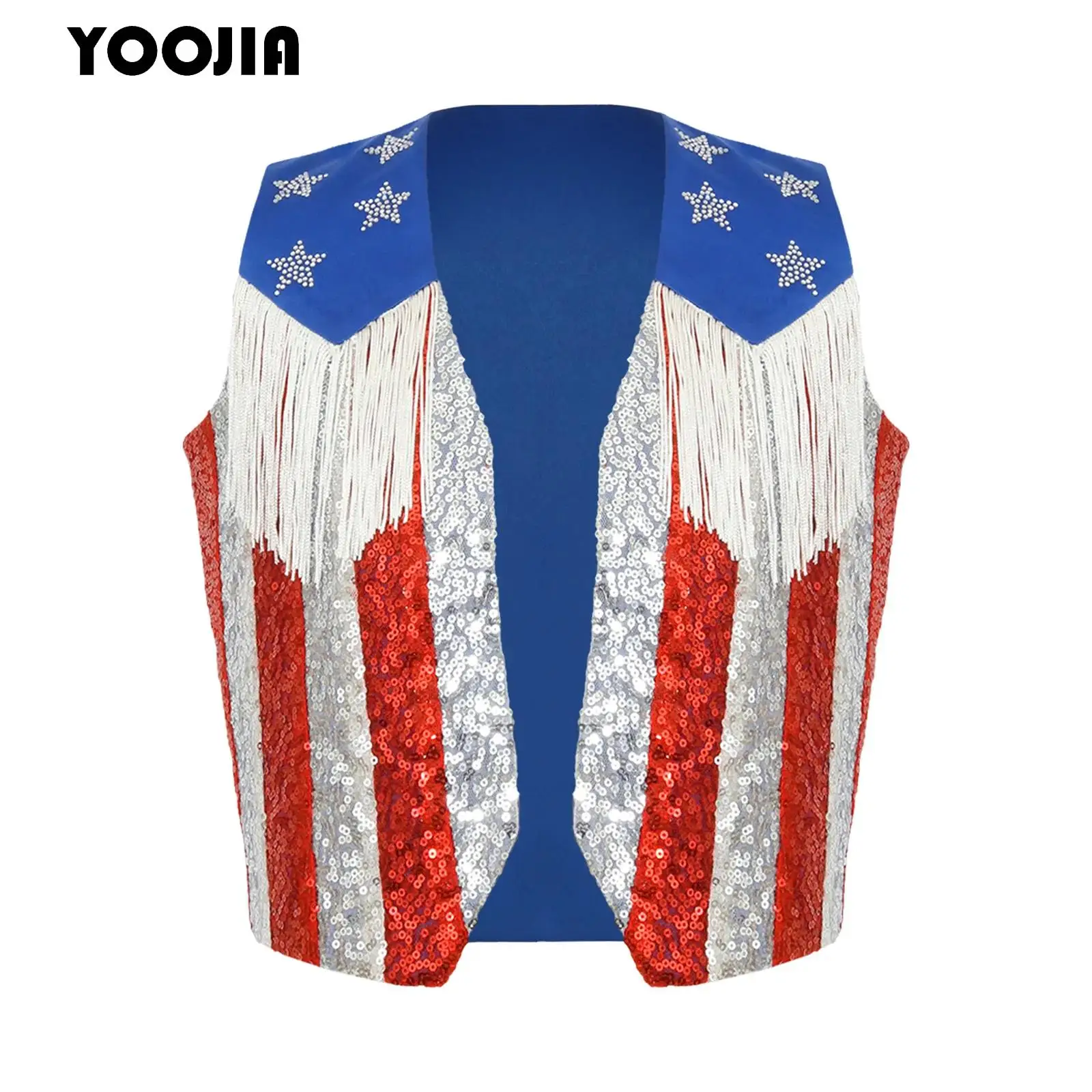Children Independence Day Themed Party Stars Vest Boys Girls Shiny Sequins Stripes Vest Tank Top Tassels Open Front Waistcoat