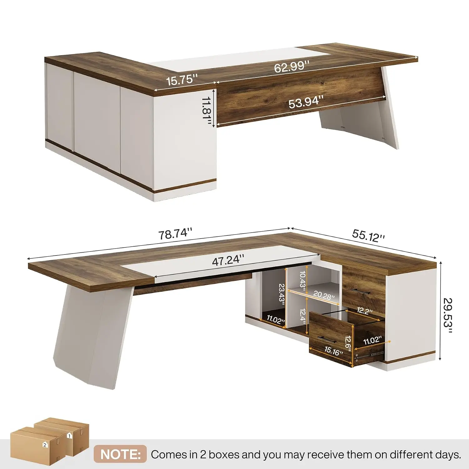 L-Shaped Executive Desk with Storage Cabinet & Drawers, Computer Table for Home Office, 78.7